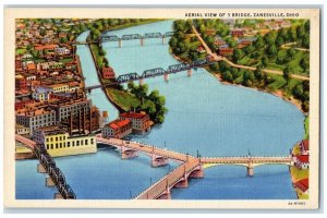 c1940 Aerial View Bridge Exterior Building Zanesville Ohio OH Vintage Postcard