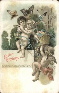 Easter - Cherubs Butterflies & Basket of Eggs c1910 Postcard