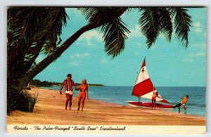 Postcard Florida Beach Ocean Sailboat Chrome 1966 Palm Tree Vacationland Vintage