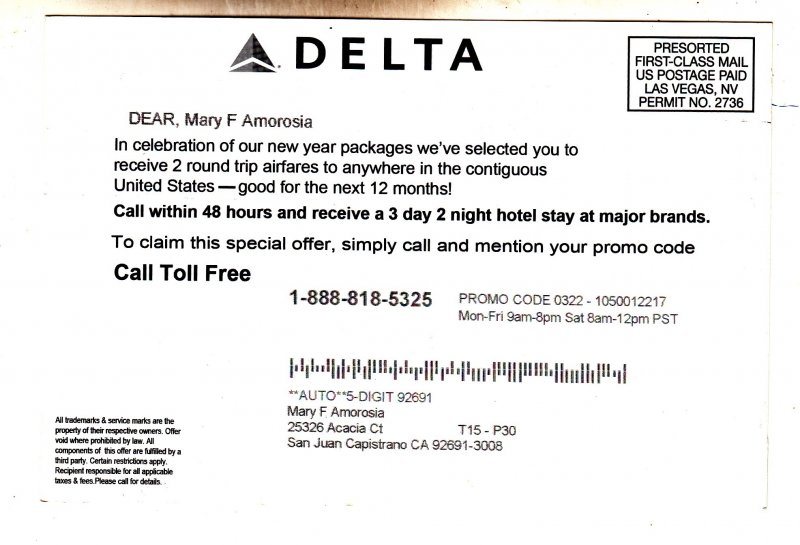 P3155 vintage postcard delta airlines jet in flight 2013 fly away promotion