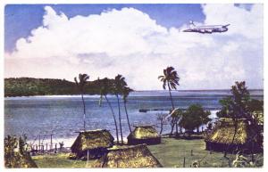 Pan American Airplane over Fijian Village British Colony Advertising Postcard