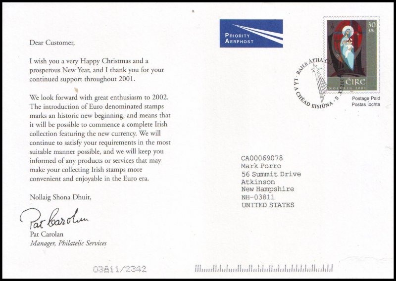 Ireland Postal card - Christmas 2001, unused