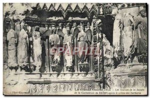 Old Postcard The statues of the front of the cathedral of Reims after the cri...