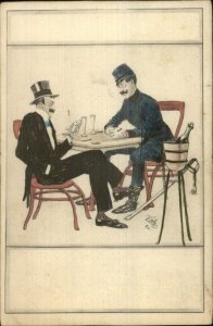 Soldier & Man in Tuxedo Playing Card Game Kobe c1900 Postcard