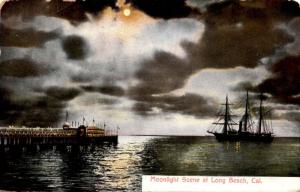 Moonlight Scene at Long Beach, California Pier Ship Vintage c1908 Postcard G01