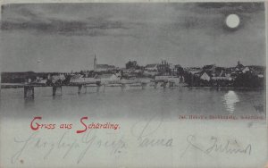 GRUSS aus SCHARDING AUSTRIA ~ MOONLIGHT NIGHT VIEW ACROSS WATER~1898 POSTCARD