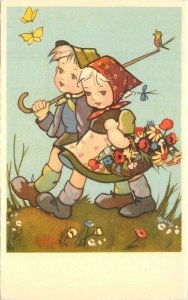 1950s Children Romance Bird Butterfly Walk Postcard artist impression 22-8957