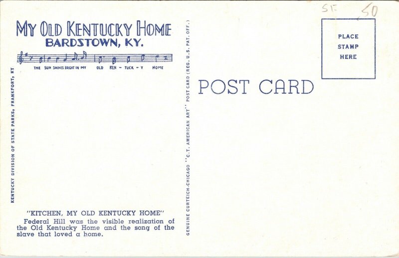 Kitchen Old Kentucky Home Federal Hill Fireplace Bardstown KY WB Postcard VTG 