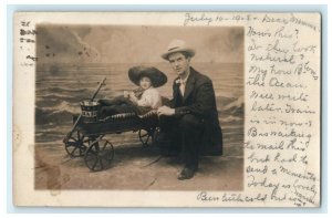 1908 Child Wagon Studio Portrait Long Beach California CA RPPC Photo Postcard