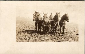 RPPC Occupational Farmer 4 Horse Team Plowing the Fields c1910 Postcard V5