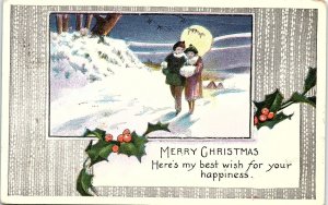 c1920 MERRY CHRISTMAS COUPLE WALKING MOONLIGHT KENESAW NEBRASKA POSTCARD 39-295