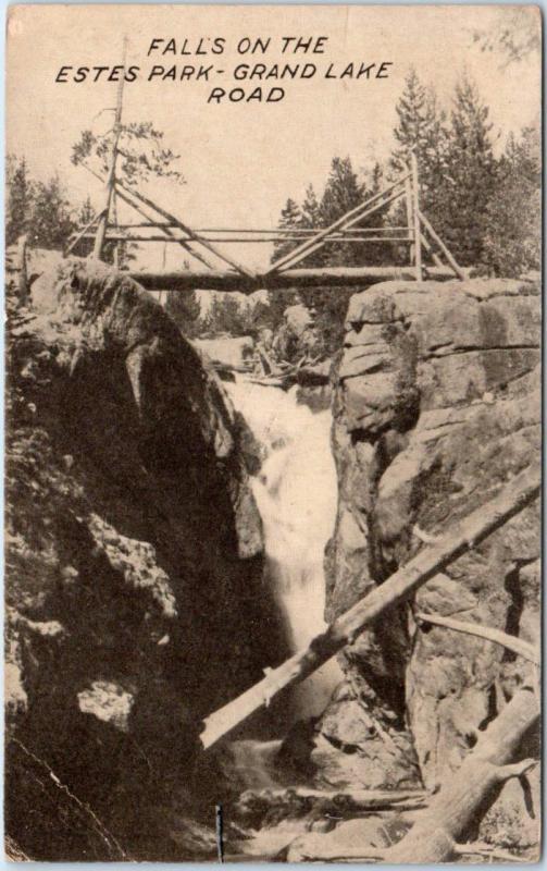 ESTES PARK-GRAND LAKE ROAD, Colorado  CO   THE FALLS  Rustic Bridge  Postcard