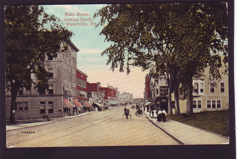 P1526 1914 used postcard horse wagons stores main street scene waterville maine