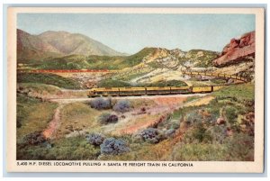 Santa Fe California Postcard Diesel Locomotive Pulling Freight Train Rail c1940
