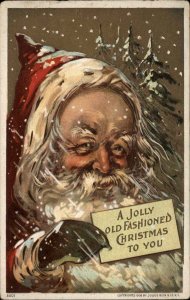 Santa Claus with Old Fashioned Christmas Sign in Snow c1910 Vintage Postcard