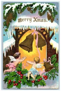 c1910's Christmas Angels Ringing Bells Holly Berries Pine Cone Antique Postcard