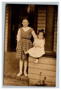 Vintage 1910's RPPC Postcard Portrait Cute Kids on the Porch of a Suburban Home