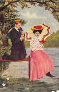 Group Of 6 Lovers On Pier Romance Humor Colored Antique Postcards K64140