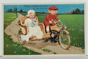 Children Motorcycle & Side Carriage Artist Finkenrath PFB Embossed Postcard O1