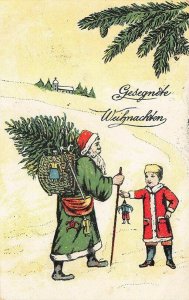 Blessed Christmas Green Suited Santa Claus Walking Stick Young Boy Postcard