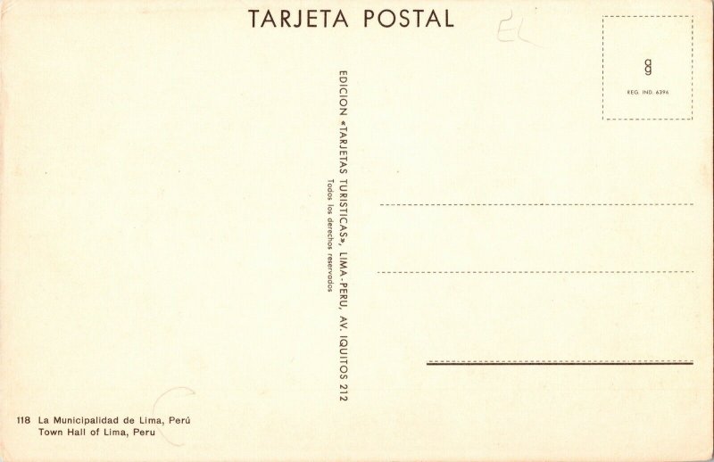 Town Hall Lima Peru Tarjeta Postal Vintage Postcard Edicion Turisticas ...