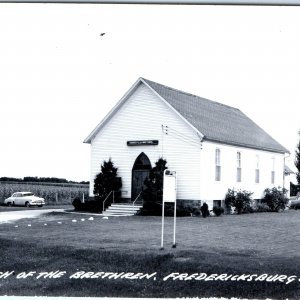 c1950s Fredericksburg, IA RPPC Church of the Brethren Ford Fairlane Car PC A108