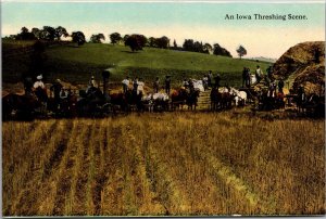 Postcard An Iowa Threshing Scene Farmers in Field Using Farming Equipment