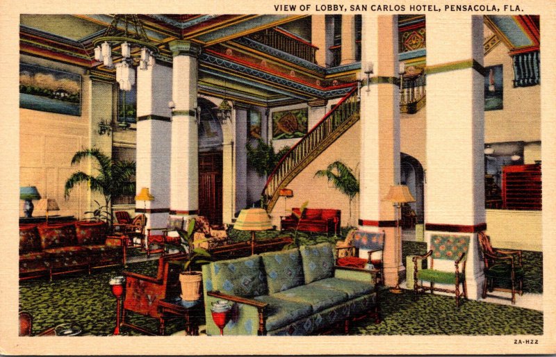 Florida Pensacola  The San Carlos Hotel View Of The Lobby Curteich