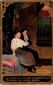 Antique Postcard Divided Back Gold Couple Man Kissing Women Hand Rosie Indoors