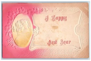 c1910's Happy New Year Art Nouveau Woman Pansies Flowers Airbrushed Postcard 