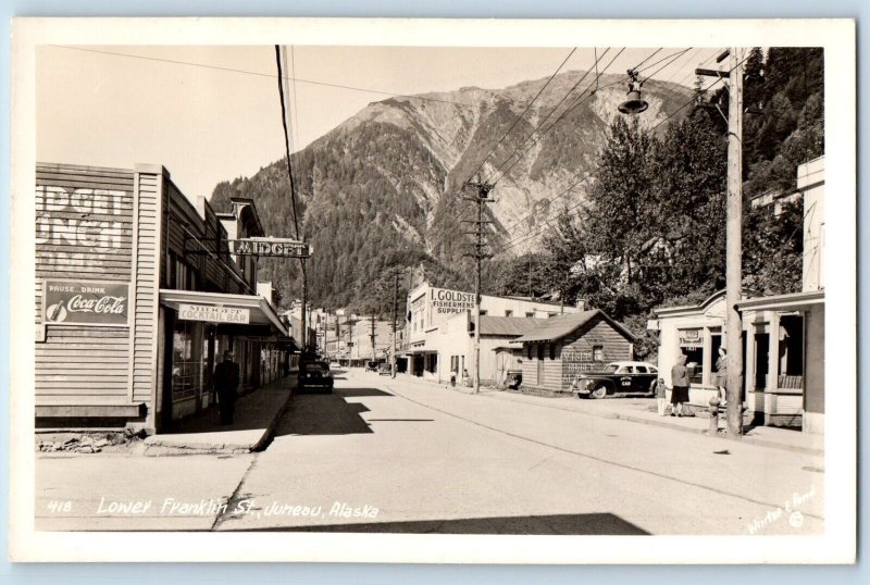 Juneau Alaska AK Postcard RPPC Photo Lower Franklin Street Coca Cola Midget Cars