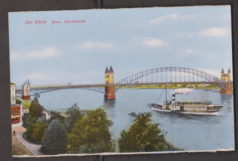 Rhein River View Of Bonn With River Cruise Ships & Bridge - Unused - Edge Wear
