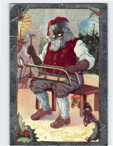 Postcard A Merry Christmas with Hollies Santa Christmas Art Print