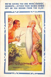 G66/ Interesting  Postcard c1940s Nudist Club Grandpa Beard Scissors Comic