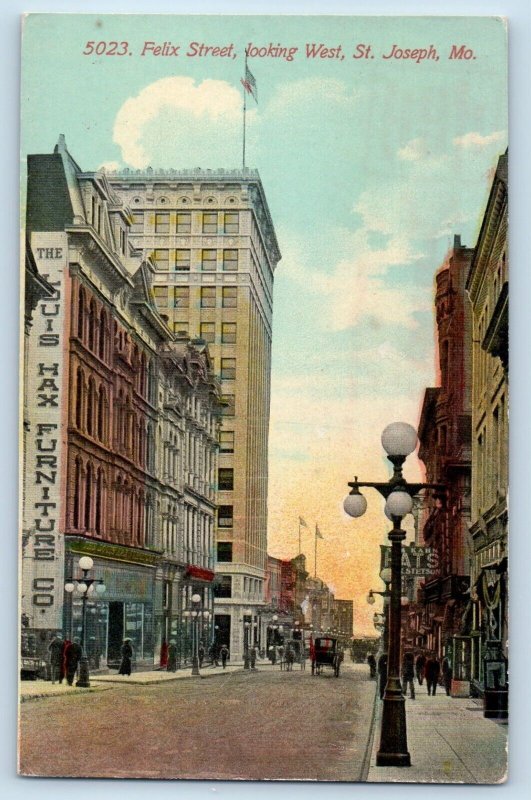 c1910 Felix Street Looking West Hax Furniture Co. St. Joseph Missouri Postcard