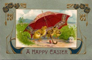 Happy Easter With Chicks Under Umbrella