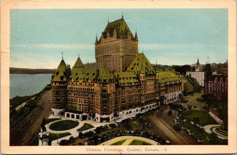 Chateau Frontenac Quebec Canada Air View WB Postcard PM Cancel WOB Note 2c Stamp 