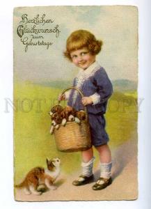 187109 Charming Boy w/ KITTEN & PUPPY by FIALKOWSKA Vintage PC