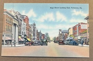 VINT. UNUSED LINEN POSTCARD - HIGH STREET LOOKING EAST, POTTSTOWN, PA.