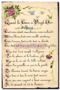 Old Postcard Drawing by hand Flowers Poem When the heart has Twenty Years