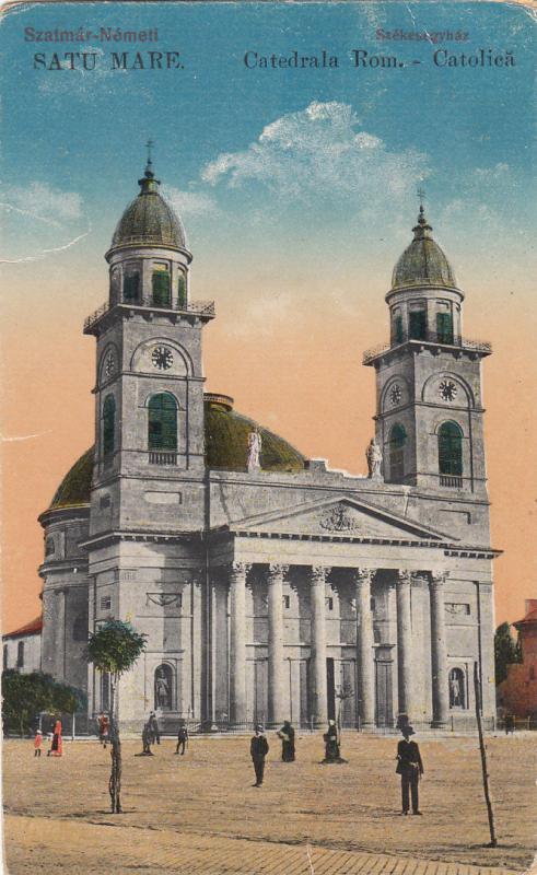 ROMANIA SATU MARE SZATMAR CATEDRALA CATOLICA CATHEDRAL ANIMATED OLD POSTCARD