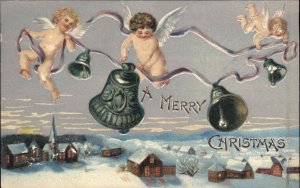 Christmas Angels Cupids Bells Holly Town Night Sky Embossed 1900s-20s Vintage PC