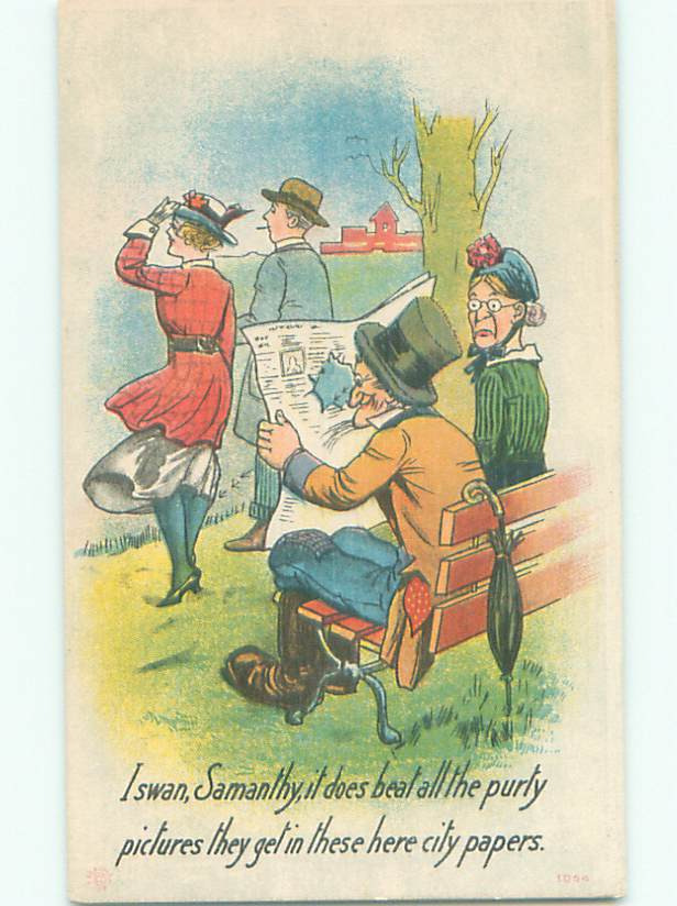 Unused Pre Linen Comic Old Man Peeks At Woman Through Hole In Newspaper K7073 Topics 9286