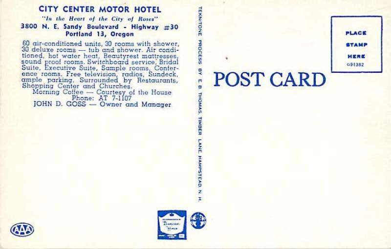 City Center Motor Hotel, Portland 13, Oregon OR Chrome