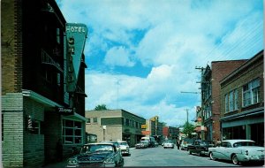 Vtg Coaticook Quebec Canada Child Street View Old Cars Hotel 1950s Postcard