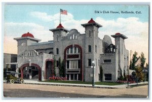 c1910 Elk's Club House Building Entrance Flag Classic Car Redlands CA Postcard 