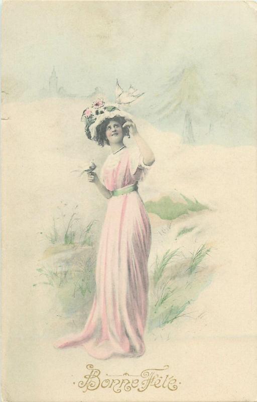 Fancy lady dove dress hat early greetings postcard