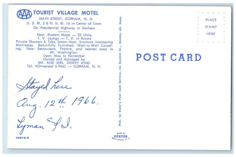 1966 Tourist Village Motel Main Street Gorham New Hampshire NH Vintage Postcard 