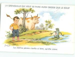 foreign Old Postcard signed FRENCH BOY SEES FROG ON LILY PAD AC3909