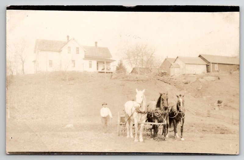 RPPC Farmhouse Farmer Plowing With Three Horse Team Postcard S22
